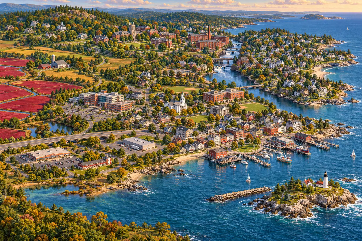Painted aerial view of Brooke Harbor: farmland and cranberry bogs to the west, hillside homes, college and riverside mills to the north, coastal homes to the northeast, hospital and civic buildings in the center, and downtown docks beside the southeastern harbor and lighthouse island.