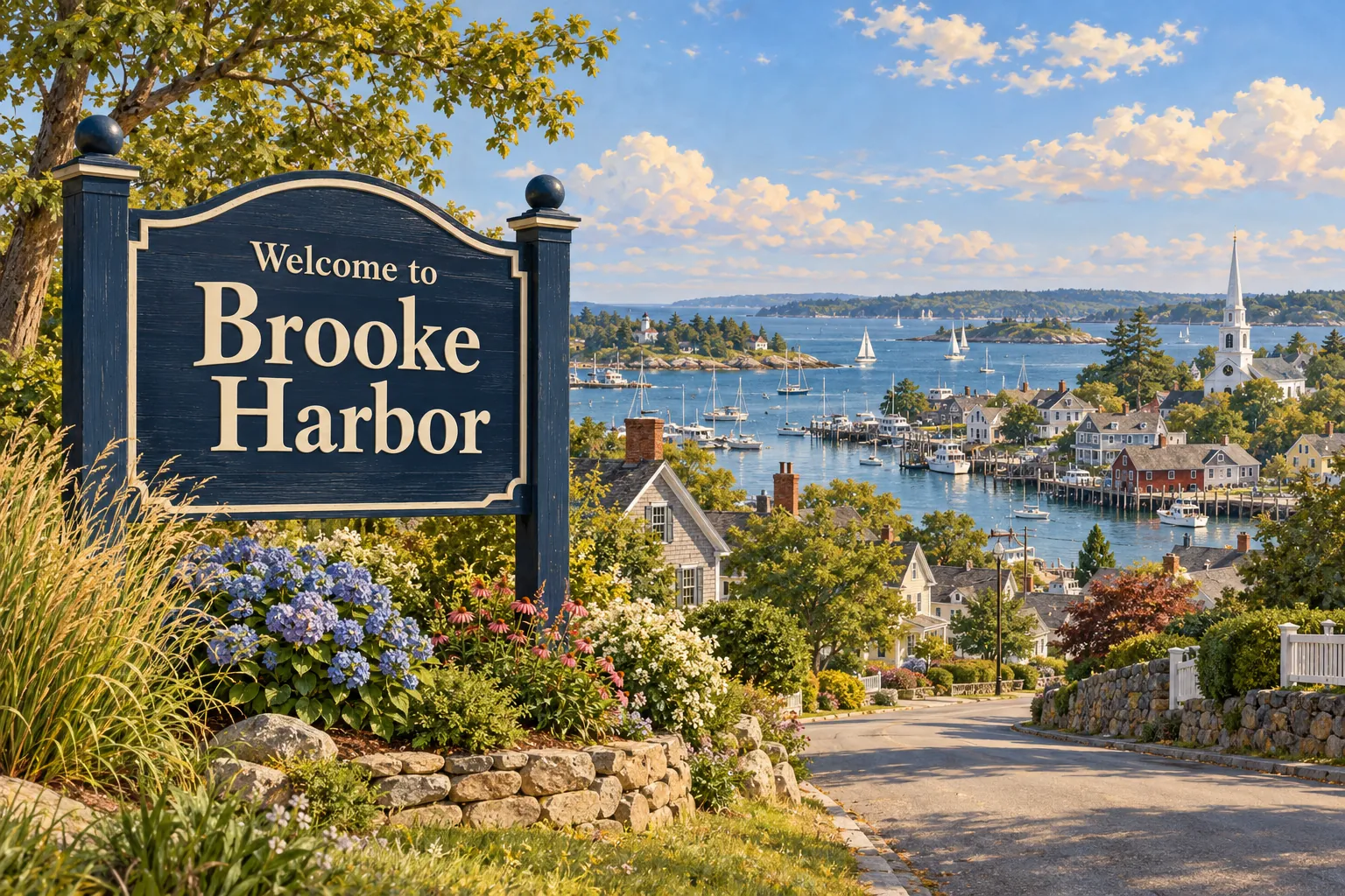 A landscaped wooden sign reading Welcome to Brooke Harbor beside a road into a coastal New England town, with rooftops and the harbor beyond.